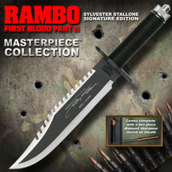 Edición firmada del cuchillo de Sylvester Stallone en Rambo II, incluye certificado y vaina, realizado en acero 420.