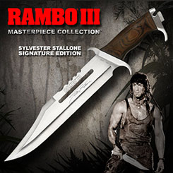 Edición firmada del cuchillo de Sylvester Stallone en Rambo III, incluye certificado y vaina, realizado en acero 420.