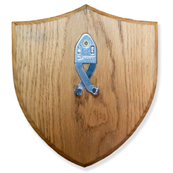 Soporte de pared para espadas fabricado en madera de noble de alta calidad con acabado en color miel. Este precioso soporte tiene unas dimensiones aproximadas de 20 x 18 cm.