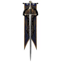 Réplica oficial de la espada Anduril Museum Collection "La Llama del Oeste" que fue forjada desde los trozos de la espada Narsil de Elendil y una de las más famosas espadas que aparecen en la trilogía de películas de “El Señor de los Anillos”. 