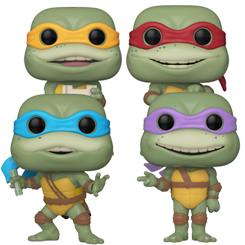 Figuras Leonardo, Raphael, Donatello y Miguel Ángel realizadas en vinilo perteneciente a la línea Pop! de Funko. La figura tiene una altura aproximada de 9 cm., y está basada en la serie Tortugas Ninja.