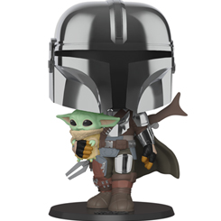 Figura Mandalorian y The Child realizada en vinilo perteneciente a la línea Pop! de Funko. La figura tiene una altura aproximada de 25 cm., y está basada en la serie de Disney + Star Wars: Mandalorian.