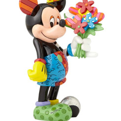 Tierna figura de Mickey Mouse con Flores de Walt Disney realizada por el pintor y escultor Romero Britto, titulada Mickey Mouse with Flowers. Esta figura tiene unas medidas aproximadas de 21 x 12 x 12,5 cm