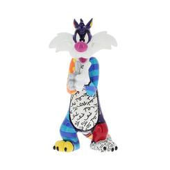 Figurilla de Silvestre (Grosminet), frotándose las manos ante la idea de atrapar y comerse al canario Piolín. Cada figura de Looney Tunes by Britto, decorada en estilo pop art por el artista