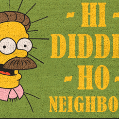 Divertido felpudo de Ned Flanders con el texto Hi Diddly Ho Neighbour inspirado en la mítica serie de televisión The Simpsons creada por Matt Groening para Fox Broadcasting Company, 