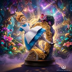 El vértigo de la caída queda suspendido en esta estatua Master Craft Alicia y Gato de Cheshire, una composición que transforma la madriguera del conejo en una escena llena de movimiento. 