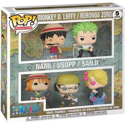 Blíster de 5 figuras POP Animation de One Piece con Luffy, Zoro, Nami, Usopp y Sanji. Las cinco figuras se presentan juntas en una caja con ventanas frontales y decoración de temática marítima.