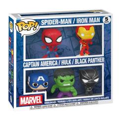 Pack de 5 figuras Funko POP Marvel con Spider-Man, Iron Man, Capitán América, Hulk y Black Panther. Las cinco figuras son bobbleheads y se presentan juntas en una caja con ventanas frontales.