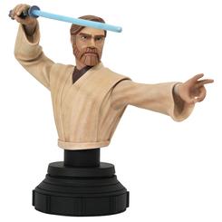 La elegancia de un maestro Jedi capturada en pleno movimiento. El Busto de Obi-Wan Kenobi de Star Wars: The Clone Wars recrea su guardia clásica con el sable azul en alto y la otra mano guiando la Fuerza