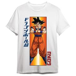 La energía de Dragon Ball Super se lleva puesta con presencia, y esta camiseta Goku Dragon Ball Super adulto convierte el look en declaración: Goku en vertical, en una composición tipo póster con tipografía japonesa y fondo naranja 