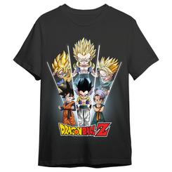 El poder de la fusión se nota desde lejos, y esta camiseta Gotrunks Dragon Ball Z adulto lo deja todo en el diseño: una composición vertical con los guerreros en distintas fases, el protagonismo absoluto de la energía Super Saiyan 