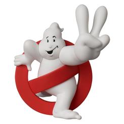 La Figura Cazafantasmas UDF Mini No Ghost 2 9 cm muestra al fantasma blanco atravesando el emblema rojo mientras levanta una mano con gesto de victoria.
