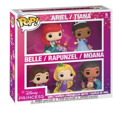 Pack de 5 figuras POP de Disney Princesas con Ariel, Tiana, Bella, Rapunzel y Vaiana. Las cinco protagonistas se presentan juntas en una caja con ventana frontal.