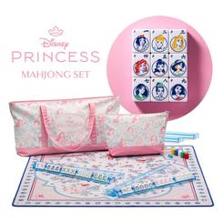 Set de Mahjong Disney Princess con 160 fichas de melamina, tapete de 81,3 x 81,3 cm, cuatro soportes, 100 fichas de puntuación, dos dados, estuche, bolsa tote y tarjetas de referencia.