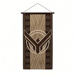 Estandarte oficial de la Casa Atreides de Dune con símbolo del halcón y diseño en tonos marrones, beige y crema. Fabricado en tejido resistente e incluye una barra de madera para colgarlo en la pared.