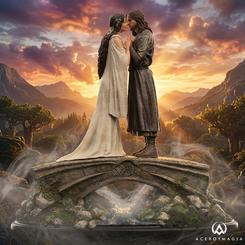 Un instante de silencio domina la Tierra Media en esta estatua Aragorn y Arwen El Señor de los Anillos, una composición serena cargada de emoción. Lejos de batallas y ejércitos, la escena convierte el puente de Rivendel 
