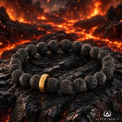 Pulsera oficial de El Señor de los Anillos de Noble Collection, realizada con cuentas de roca volcánica negra y acero inoxidable dorado inspirado en el Anillo Único. Se presenta en caja negra con logotipo dorado.