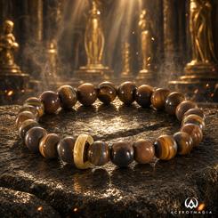 Pulsera oficial de El Señor de los Anillos de Noble Collection, realizada con cuentas de ojo de tigre natural y acero inoxidable. Su elemento central está inspirado en el Anillo Único y se presenta en una caja negra con logotipo dorado.