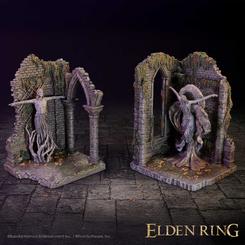 Dos estatuas rotas sostienen libros como si custodiaran una biblioteca abandonada entre ruinas. Los sujetalibros Elden Ring Radagon y Reina Marika llevan a la estantería una escena reconocible, sobria y cargada de presencia