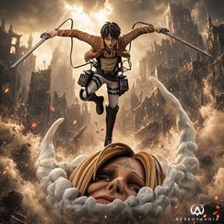 La figura Attack on Titan 1/10 Art Scale Eren Yeager presenta al protagonista lanzado al ataque sobre una composición de gran dinamismo.