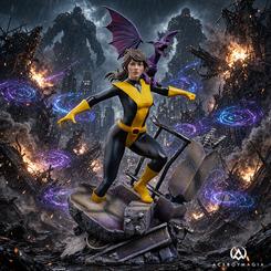 Estatua de Kitty Pryde y Lockheed de X-Men de Iron Studios a escala 1/10. Presenta a Shadowcat con su uniforme negro y amarillo junto al dragón Lockheed sobre una base diorama de escombros.