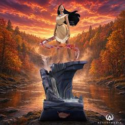 Estatua de Pocahontas de Disney de Iron Studios a escala 1/10, inspirada en «Colors of the Wind». Presenta a la protagonista sobre una base rocosa, con el cabello al viento y hojas multicolores rodeando la composición.