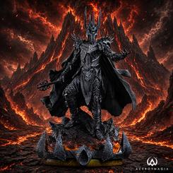 Estatua de Sauron de El Señor de los Anillos de Iron Studios, perteneciente a la línea Unleashed Art Scale 1/10. Realizada principalmente en polystone, presenta al Señor Oscuro con armadura, maza y base temática.