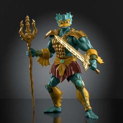 El brillo dorado del tridente parece arrastrar un eco submarino hasta la vitrina. La figura Mer-Man Cartoon Collection Origins coloca al clásico enemigo de He-Man en una versión de 14 cm con estética retro, armadura llamativa y accesorios