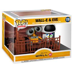 Figura POP de Wall-E y Eve de Disney Pixar en una escena conjunta con base y barandilla. La composición reúne a los dos protagonistas de Wall-E en un formato de exposición con su diseño estilizado característico.