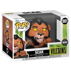 Figura de vinilo Funko POP de Scar de Disney Villains, identificada con el número 1801. Presenta una postura agazapada, melena negra, ojos amarillos y su característica cicatriz facial.