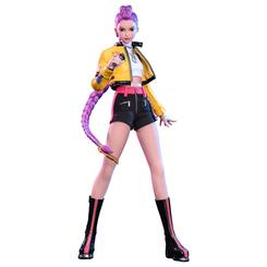 La figura Rumi KPop Demon Hunters parece capturada en pleno golpe de luz, con la trenza morada tensada como si aún siguiera el ritmo. Esta figura Rumi KPop Demon Hunters de 28 cm impone desde el primer vistazo por su chaqueta amarilla