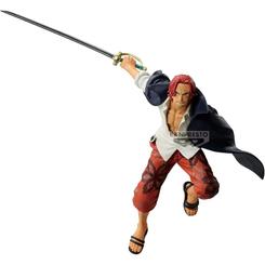 Carisma imperial y filo en movimiento: la Figura Shanks – Battle Record Collection de Banpresto captura al Pelirrojo en plena estocada, con capa al viento, cicatriz marcada y gesto decidido que luce de maravilla