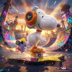 La figura Snoopy con patines convierte el paseo marítimo de South Beach en una escena llena de ritmo, color y movimiento. Snoopy avanza sobre ruedas con una actitud despreocupada, acompañado por unos auriculares de tonos intensos que trasladan la energía 