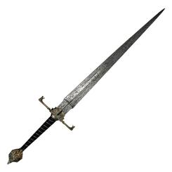 Añade un toque épico a tu colección con la réplica a tamaño real de la espada Blackfyre de la serie House of the Dragon. Esta impresionante pieza, de 117 cm de longitud, está fabricada en metal con acabados de alta calidad