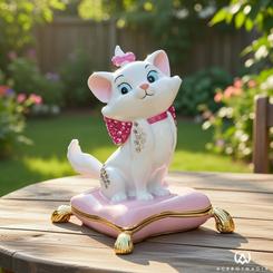 Brillo felino con aire parisino: el Joyero Marie Los Aristogatos Disney luce a Marie sentada sobre un cojín rosa con detalles dorados y cristales decorativos, una pieza encantadora para guardar anillos