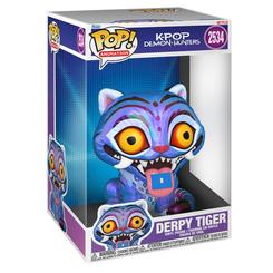Figura de vinilo Funko POP Jumbo de Derpy Tiger, personaje de KPop Demon Hunters. Presenta grandes ojos amarillos, colmillos visibles y una combinación de tonos azules, violetas y rosados.