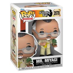 Figura de vinilo Funko POP! Movies de Mr. Miyagi de The Karate Kid. Representa al personaje con gafas, ropa en tonos claros y un pequeño bonsái en la mano.