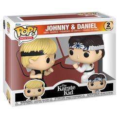 Pack de 2 figuras de vinilo Funko POP! Movies de The Karate Kid con Johnny y Daniel. Ambos personajes aparecen juntos en una caja con ventana frontal y poses inspiradas en el karate.