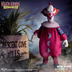 Terror kitsch en tamaño grande que roba miradas. El Muñeco Slim de Killer Klowns from Outer Space mide 46 cm y combina un traje textil rosa intenso con bordados de luna creciente