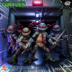 Cuatro siluetas salen de la penumbra con pañuelos rojos, armas listas y una estética de cómic que huele a tinta y alcantarilla. Este set figuras Tortugas Ninja 1/12 reúne a Leonardo, Raphael, Donatello y Michelangelo en una versión de 17 cm
