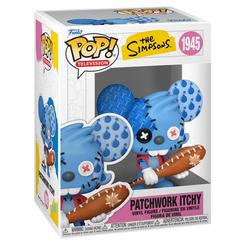 Figura de vinilo Funko POP de Patchwork Itchy, de The Simpsons. Presenta al personaje con estética remendada, ojos de botón, costuras visibles y un bate marrón entre las manos.