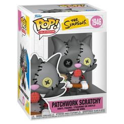 Figura de vinilo Funko POP de Patchwork Scratchy, de The Simpsons. Presenta al personaje con estética remendada, costuras visibles, ojos de botón y tonos grises con detalles en rosa, rojo y amarillo.