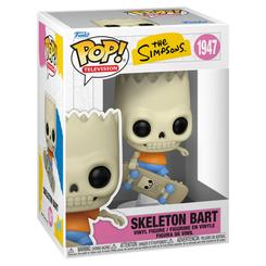 Figura de vinilo Funko POP de Skeleton Bart, de The Simpsons. Presenta a Bart con aspecto de esqueleto, camiseta naranja, pantalón azul y su característico monopatín.