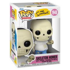 Figura de vinilo Funko POP de Skeleton Homer, de The Simpsons. Representa a Homer con aspecto de esqueleto, camisa blanca, pantalón azul y una hamburguesa en la mano.