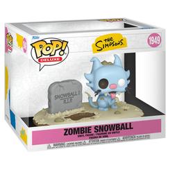 Figura de vinilo Funko POP Deluxe de Zombie Snowball de The Simpsons. Incluye una base escénica con tierra, piedras y una lápida dedicada a Snowball I, creando una composición de temática zombi.