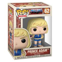 Figura de vinilo Funko POP de Prince Adam, personaje de Masters of the Universe. Presenta su vestimenta azul característica y aparece identificada en la caja como POP! Comics número 62.