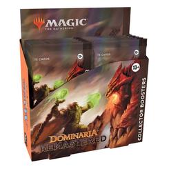 La caja de sobres en inglés de coleccionista de Dominaria remasterizada contiene 12 sobres de coleccionista de Dominaria remasterizada. Cada sobre de coleccionista contiene 15 cartas 
