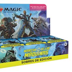 La caja de sobres de edición de Marcha de las máquinas contiene 30 sobres de edición de Marcha de las máquinas. Cada sobre de edición contiene 12 cartas de Magic, 1 carta de arte y 1 ficha, carta publicitaria