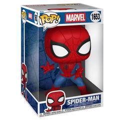 Figura de vinilo Funko POP! Jumbo de Spider-Man de Marvel, con traje rojo y azul, postura de acción y cabeza oscilante. Se presenta en caja con amplia ventana frontal y lateral.