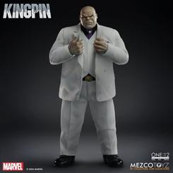 Figura articulada de Kingpin de Marvel Comics a escala 1/12 y 17,6 cm de altura. Incluye cinco cabezas, ocho manos, bastón con efectos, katana, base y soporte ajustable.